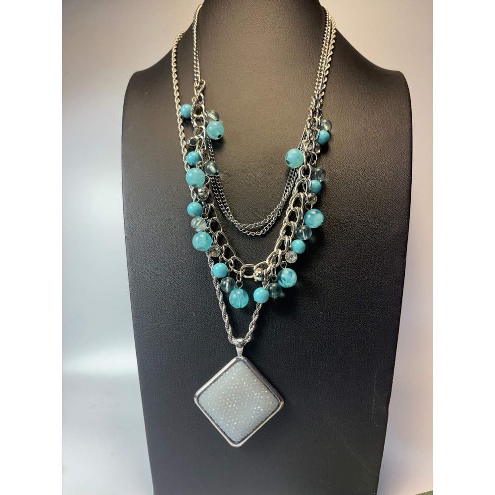 Necklace Set Silver Turquoise Blue Beaded Layered Square Pendant Statement Boho